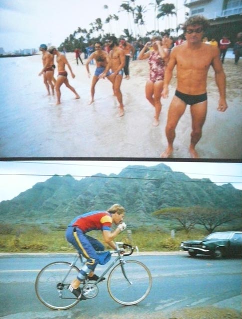  Rok 1979, nahoře: start plavání na pláži San Souci, dole: 2x druhý John Dunbar jede v dlouhých kalhotách…